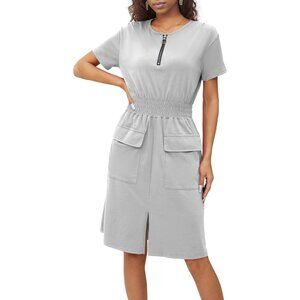 Womens Grey Summer Work Tshirt Dress Smocked Waist Office Dress